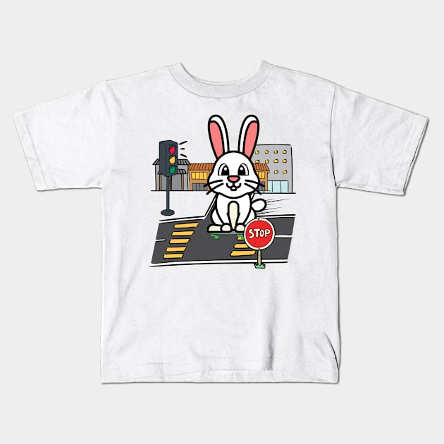 Cute Bunny is skate boarding on the street Kids T-Shirt by Pet Station